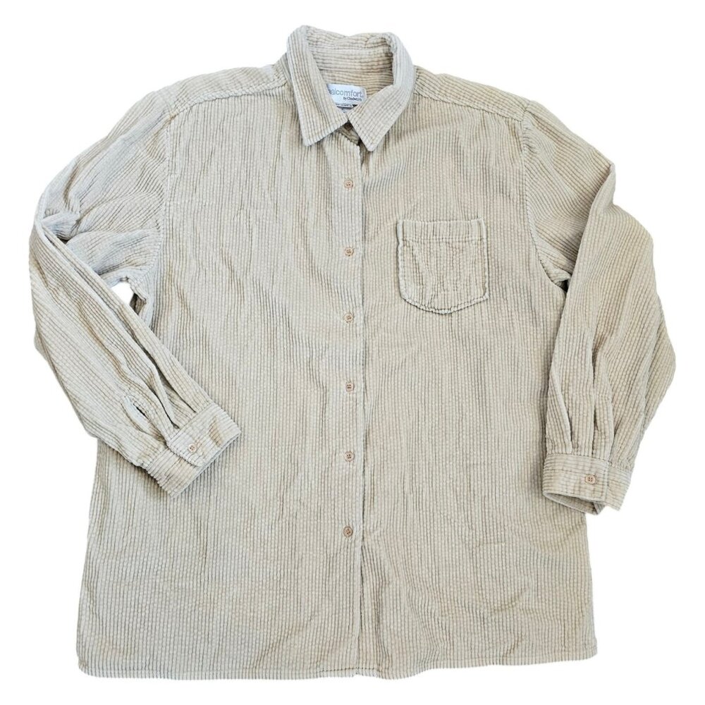 90s Womens XL Corduroy Shirt Jacket Shaket Cream Beige‎ Wide Wale Button Up